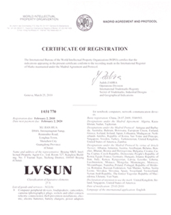 LVSUN® international trademark certificate 